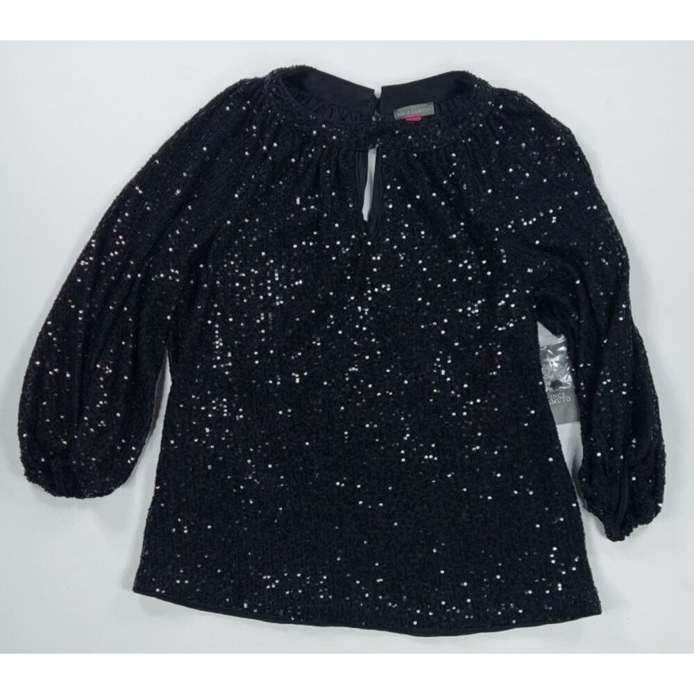 Vince Camuto Women XS Black Sequin Blouse 3/4 Raglan Sleeve Keyhole Party Shiny
